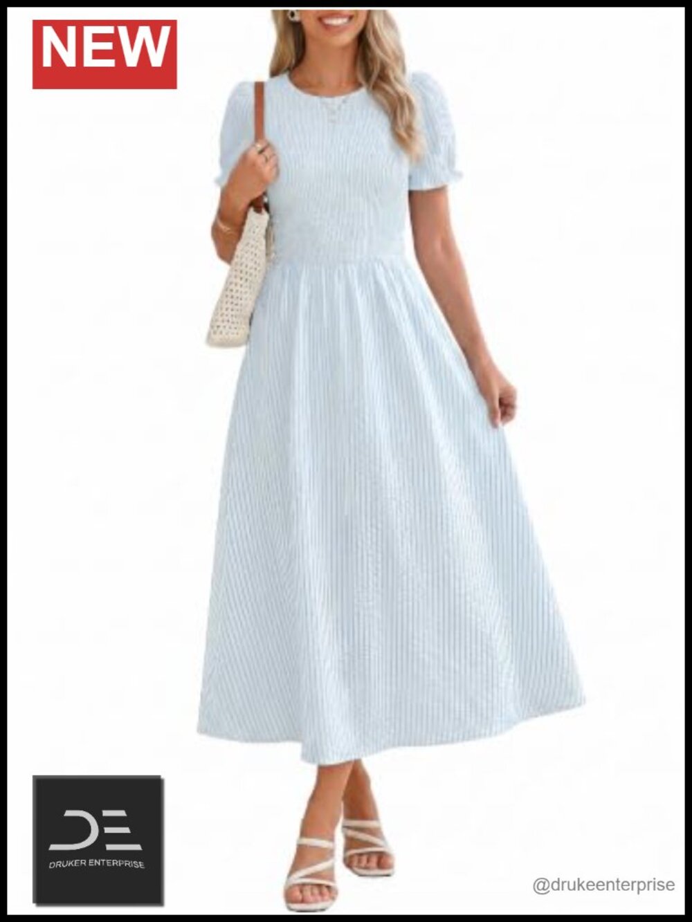 Women's Striped Midi Dress with Pockets Puff Sleeve Smocked A-Line